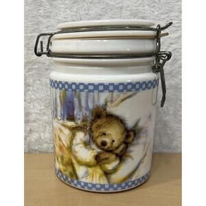 Hallmark Teddy Bear Ceramic Canister Clamp Lid Blue White Vintage Style